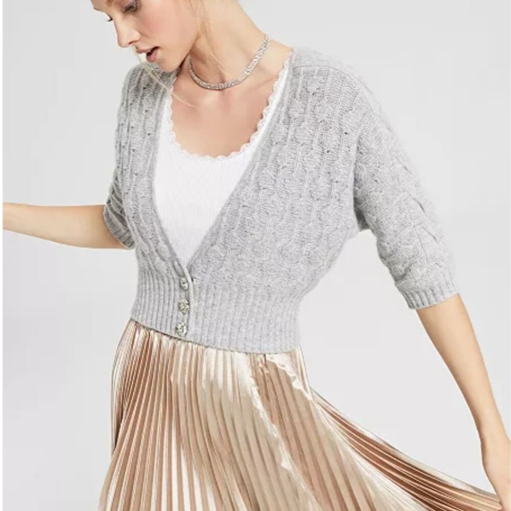 Charter Club Cashmere Textured Dolman Sleeve Cropped Cardigan Crystal Buttons XS